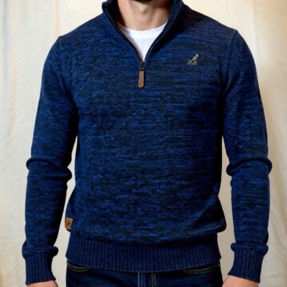 Kangol Vintage Sweater Mens Size Large Blue Knit 1/4 Zip Preppy 100% Cotton